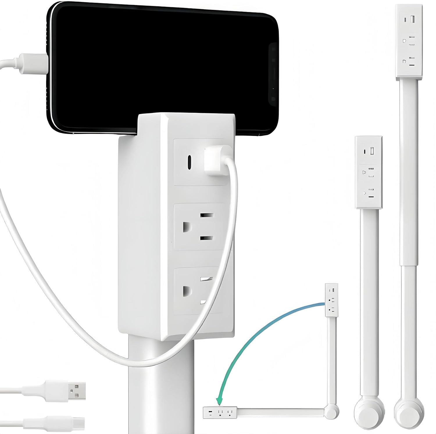 180° Rotating Extendable Wall Outlet – 44-70cm Adjustable Length, USB-A/USB-C + 2 AC Ports – Perfect for Behind Couches, Beds, and Desks in Home/Office Power Solution