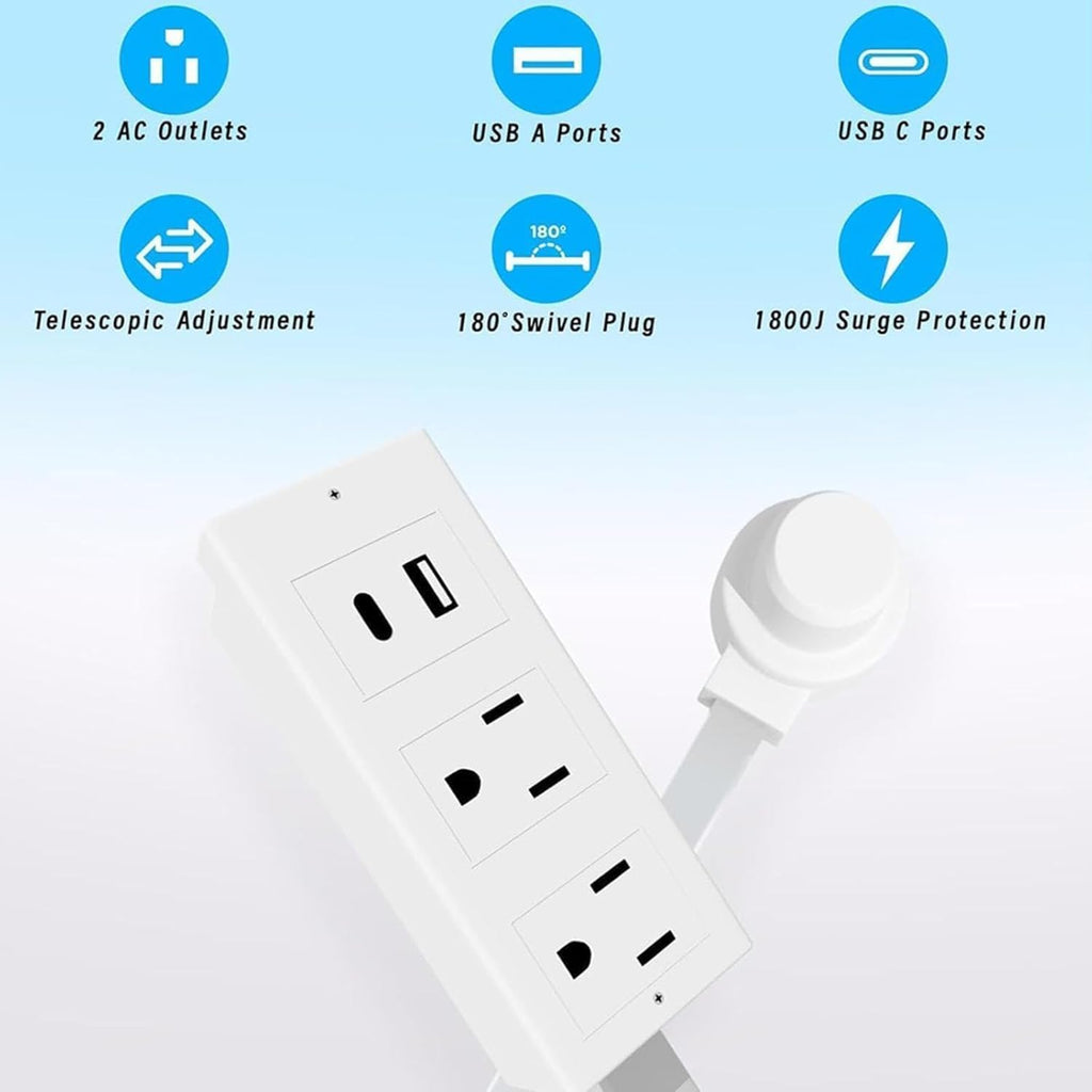 180° Rotating Extendable Wall Outlet – 44-70cm Adjustable Length, USB-A/USB-C + 2 AC Ports – Perfect for Behind Couches, Beds, and Desks in Home/Office Power Solution
