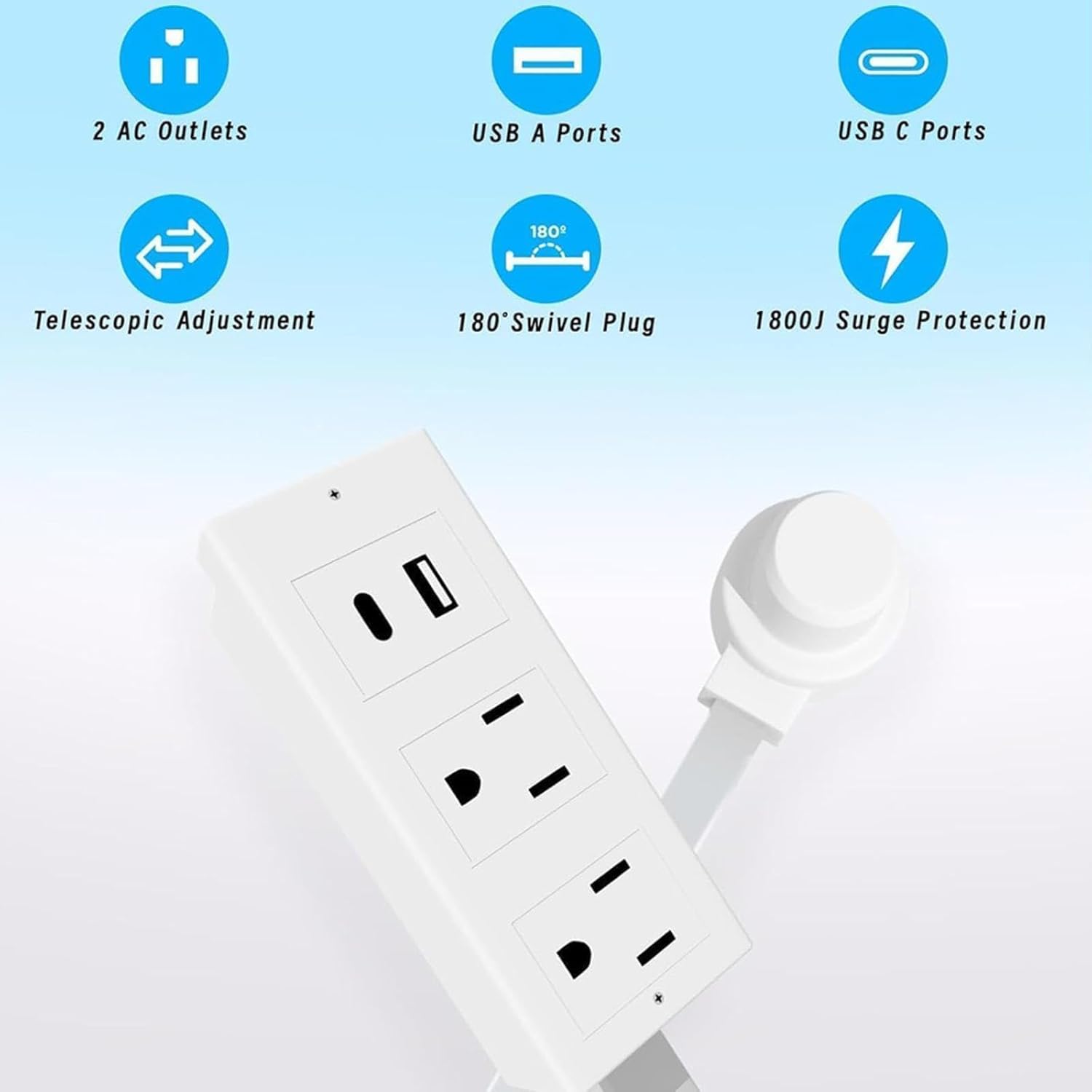 180° Rotating Extendable Wall Outlet – 44-70cm Adjustable Length, USB-A/USB-C + 2 AC Ports – Perfect for Behind Couches, Beds, and Desks in Home/Office Power Solution