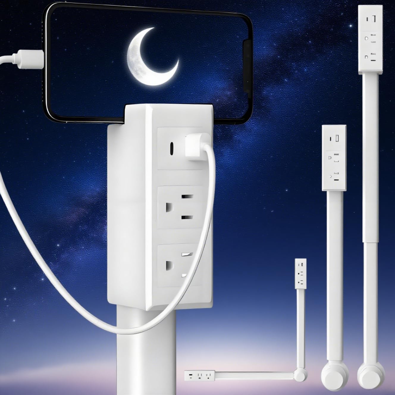 180° Rotating Extendable Wall Outlet – 44-70cm Adjustable Length, USB-A/USB-C + 2 AC Ports – Perfect for Behind Couches, Beds, and Desks in Home/Office Power Solution