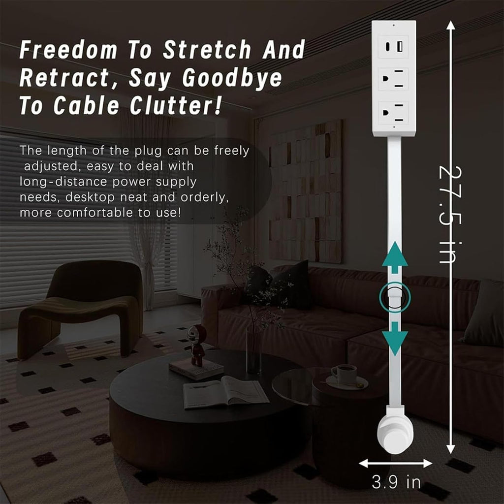 180° Rotating Extendable Wall Outlet – 44-70cm Adjustable Length, USB-A/USB-C + 2 AC Ports – Perfect for Behind Couches, Beds, and Desks in Home/Office Power Solution