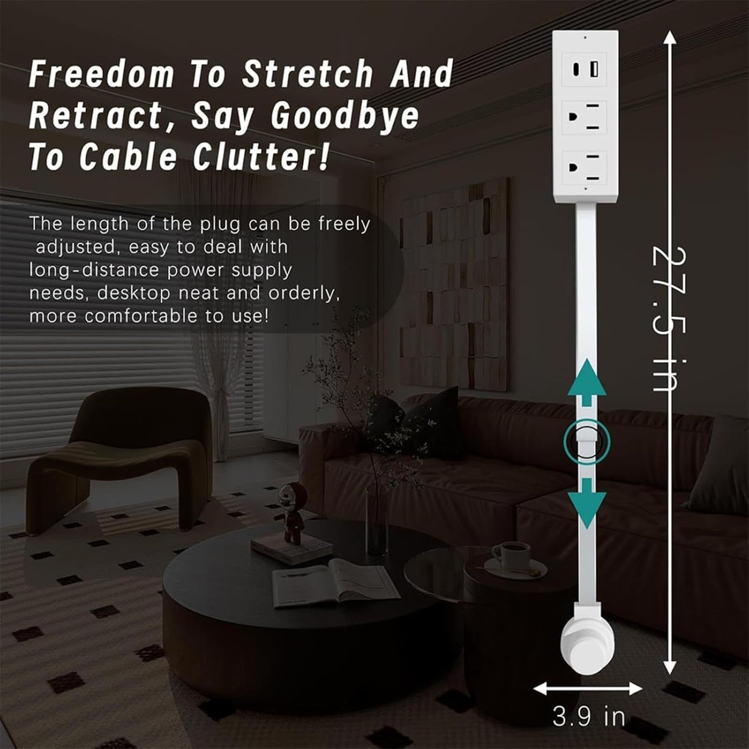 180° Rotating Extendable Wall Outlet – 44-70cm Adjustable Length, USB-A/USB-C + 2 AC Ports – Perfect for Behind Couches, Beds, and Desks in Home/Office Power Solution